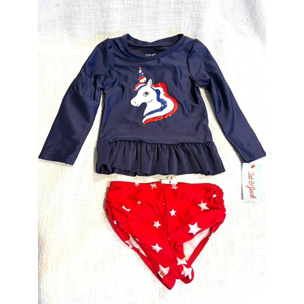 2 piece Swimsuit Toddler - American Flag Unicorn Blue/Red New